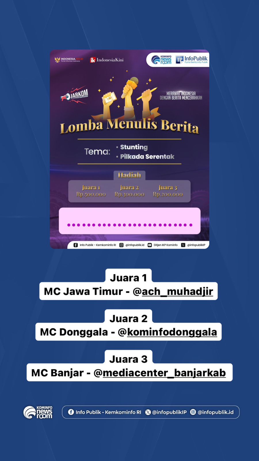 Diskominfo Jatim Juara Satu Lomba Menulis Berita yang Digelar Jarkom Ditjen IKP&nbsp;Kominfo